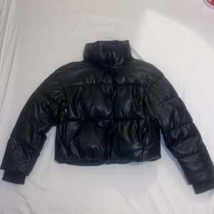 Black leather puffer jacket